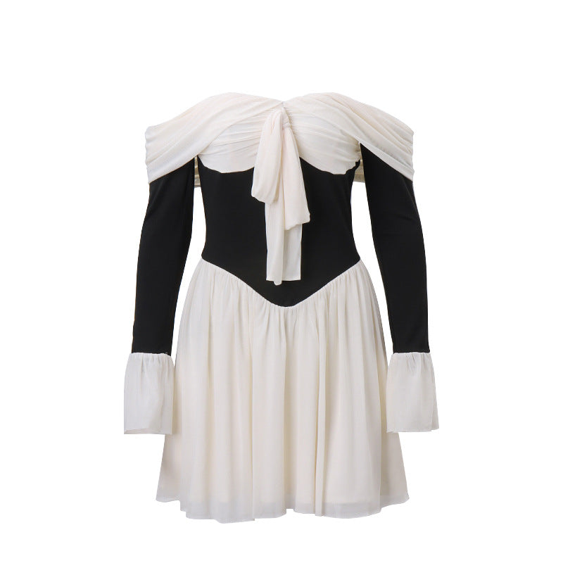 Damenbekleidung Herbst Sexy schulterfreies französisches Kleid mit Taillenkontrolle und Glockenärmeln