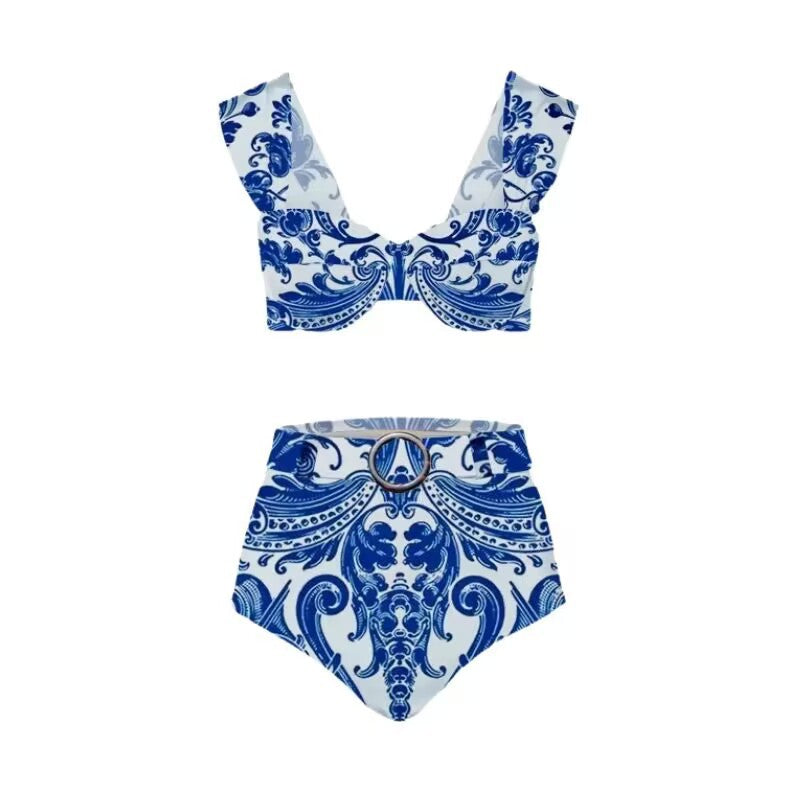 Lonkey Damen Badeanzug Blau Weiß Porzellan Bedruckter dreiteiliger Split-Badeanzug für Damen