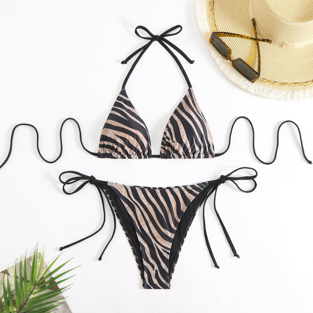 Bikini zébré sexy dos nu, maillot de bain lacé, deux pièces pour femme