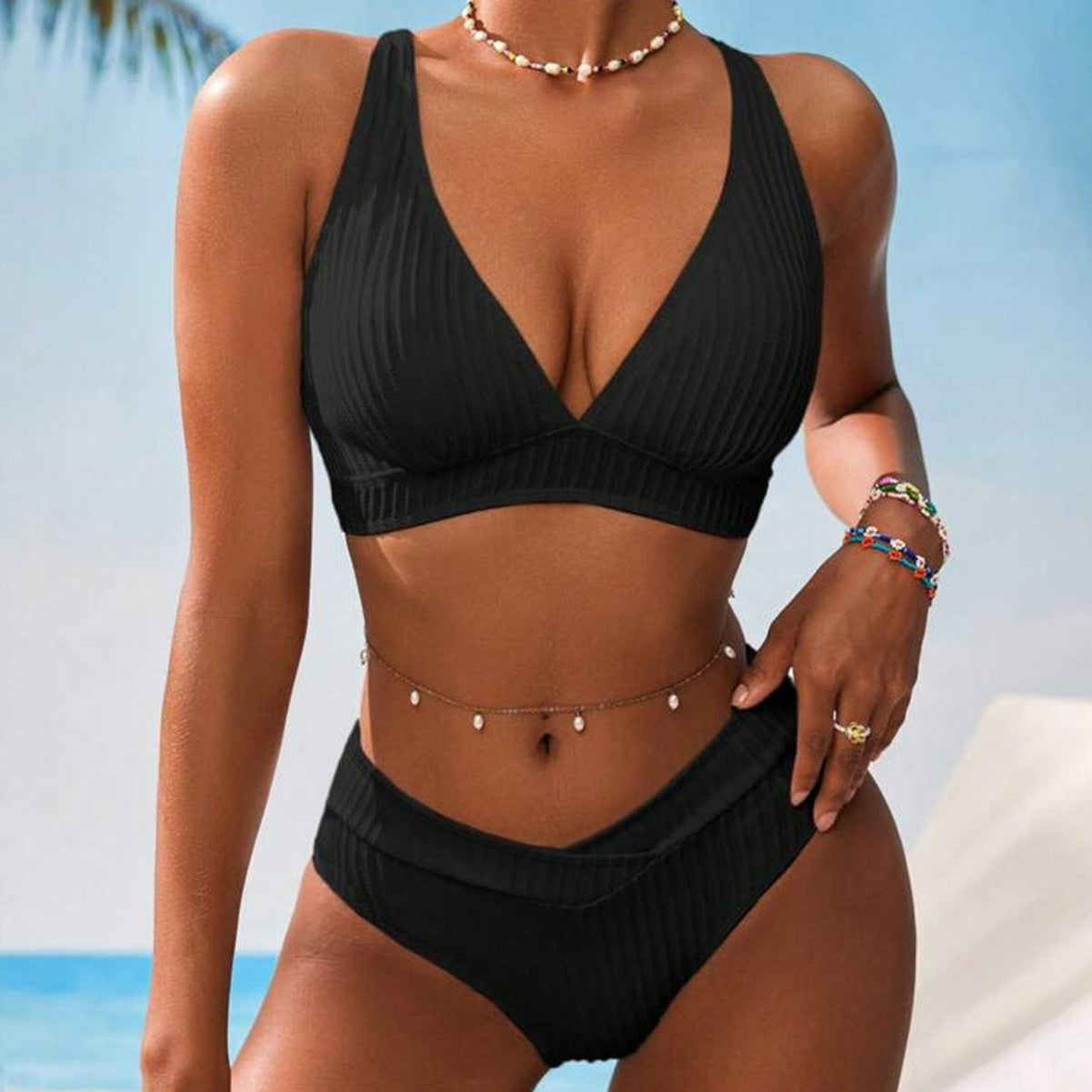 Bikini Uni tiefer V-Ausschnitt gerippt versenkte Streifen sexy Bikini geteilter Badeanzug Damen