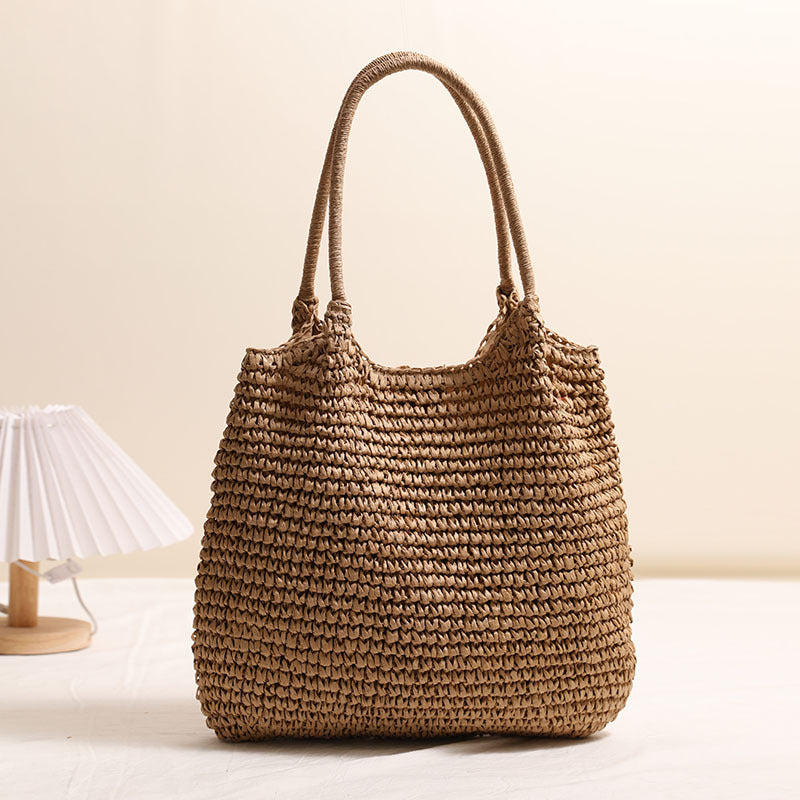 Grand Sac Cabas en Paille Sac à Bandoulière Décontracté Sac de Plage de Vacances Sac pour Femme