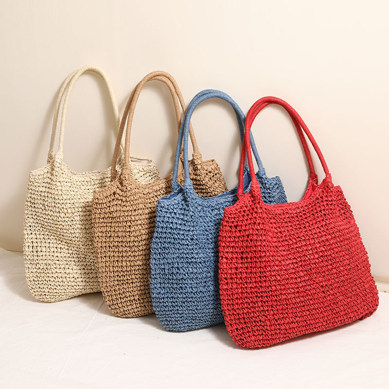 Grand Sac Cabas en Paille Sac à Bandoulière Décontracté Sac de Plage de Vacances Sac pour Femme