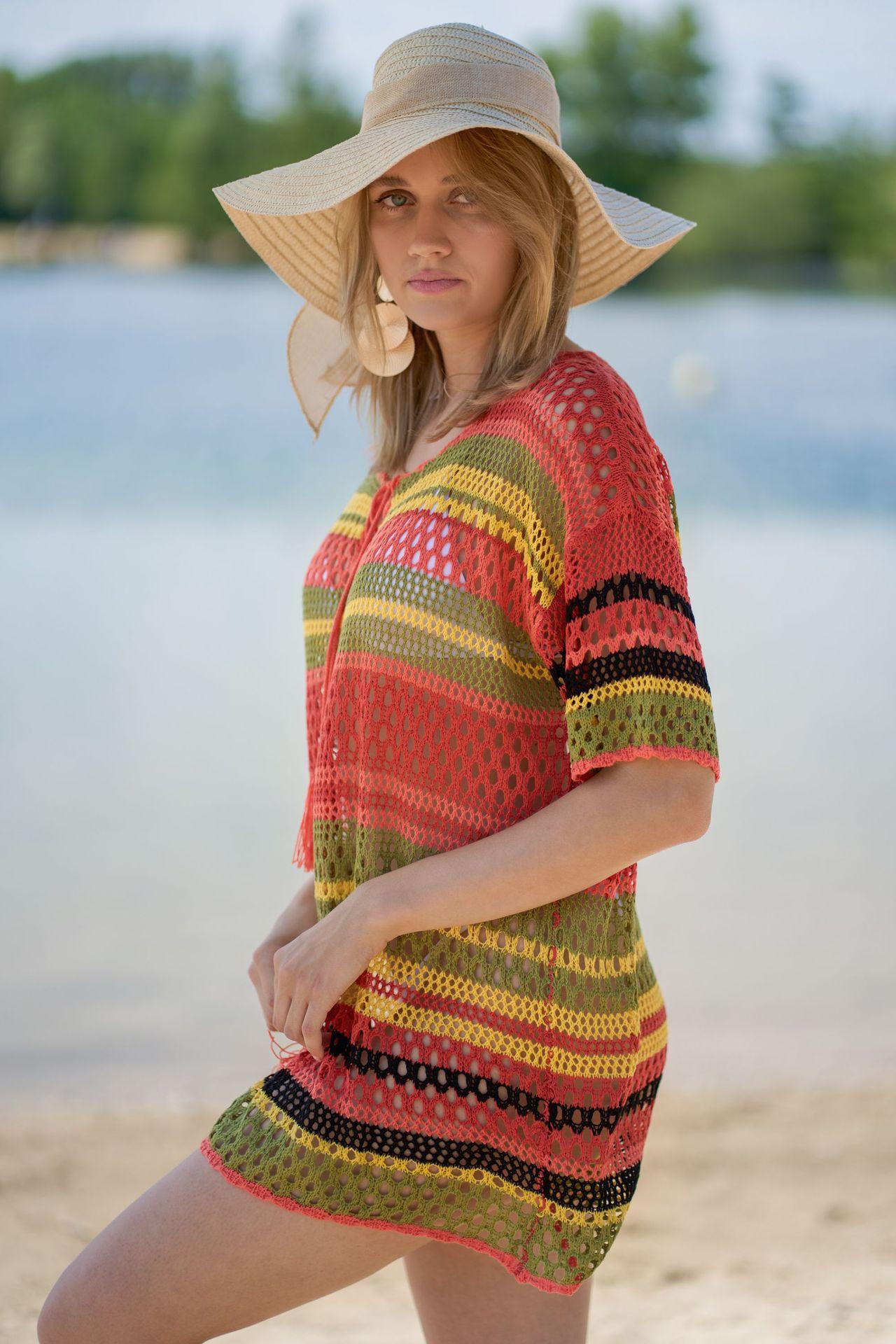 Maillot de bain en tricot à rayures colorées, cache-maillot de plage sexy ajouré, chemise de protection solaire pour les vacances, chemisier de bikini