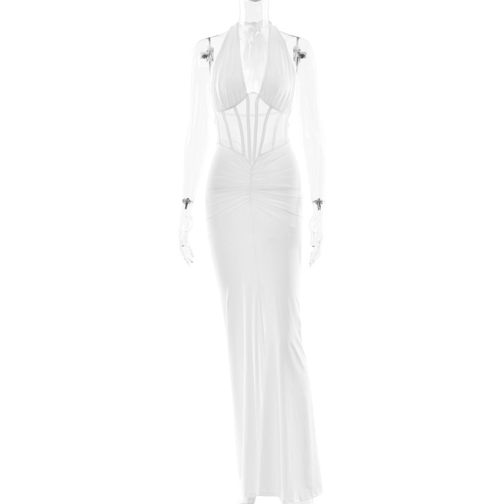 Elegantes Damen-Maxikleid zum Schnüren, sexy rückenfreies plissiertes Etuikleid