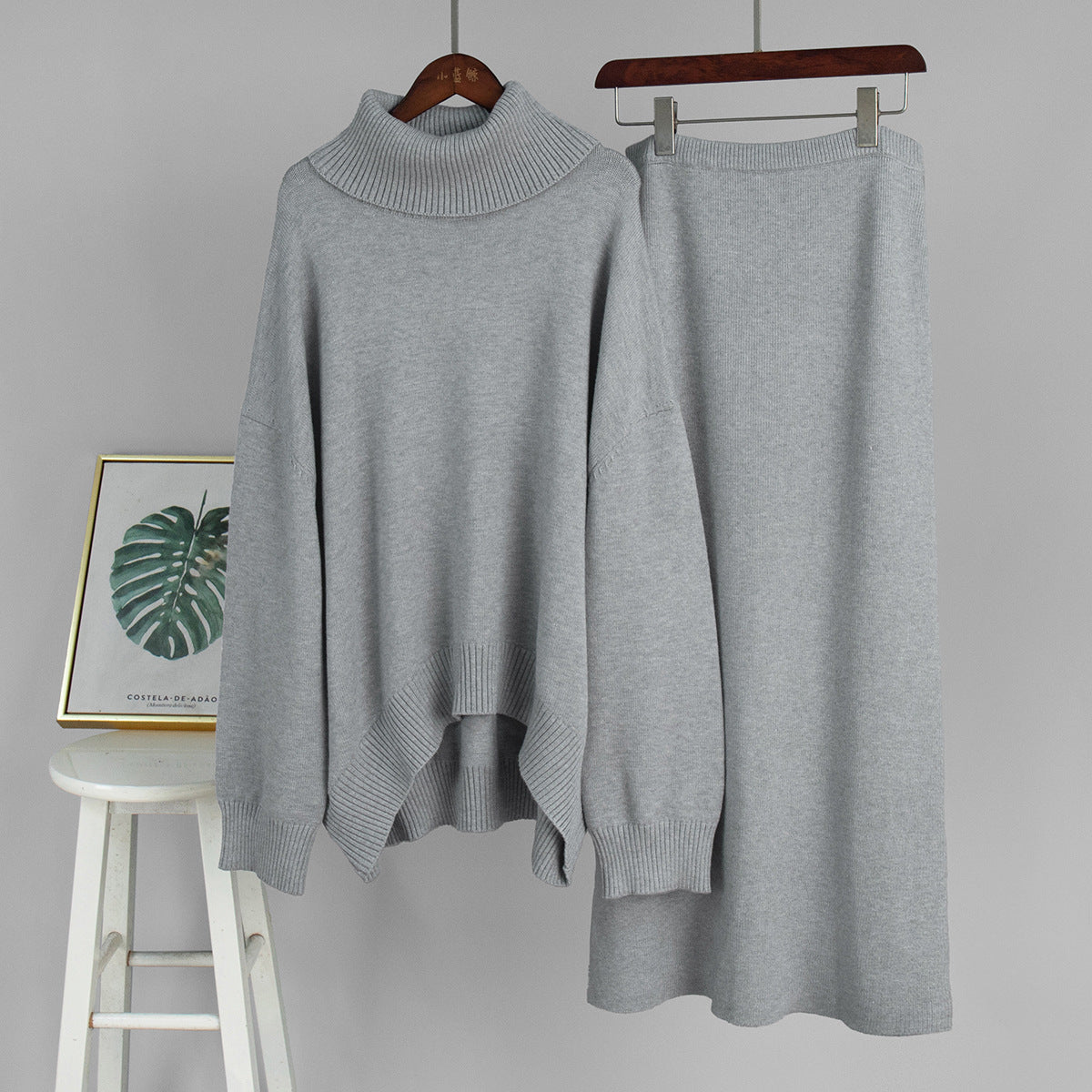 Rollkragenpullover Rock Set Damen Herbst Winter Loose Strick Zweiteiliges Pullover Set Damen