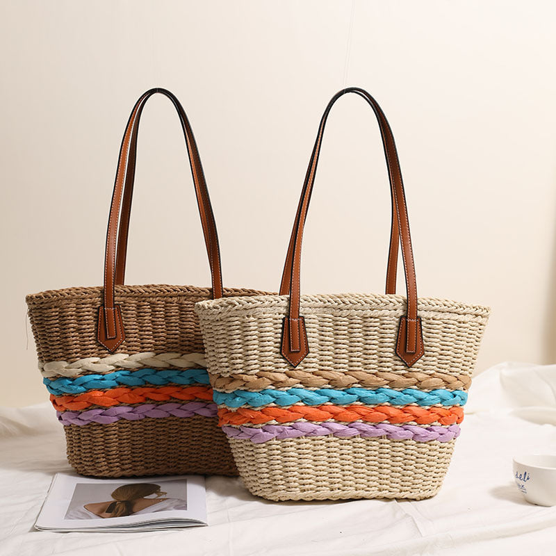Bohemian One Shoulder Strohtasche Regenbogenstreifen Korbtasche Urlaubs-Strandtasche Damen Tasche