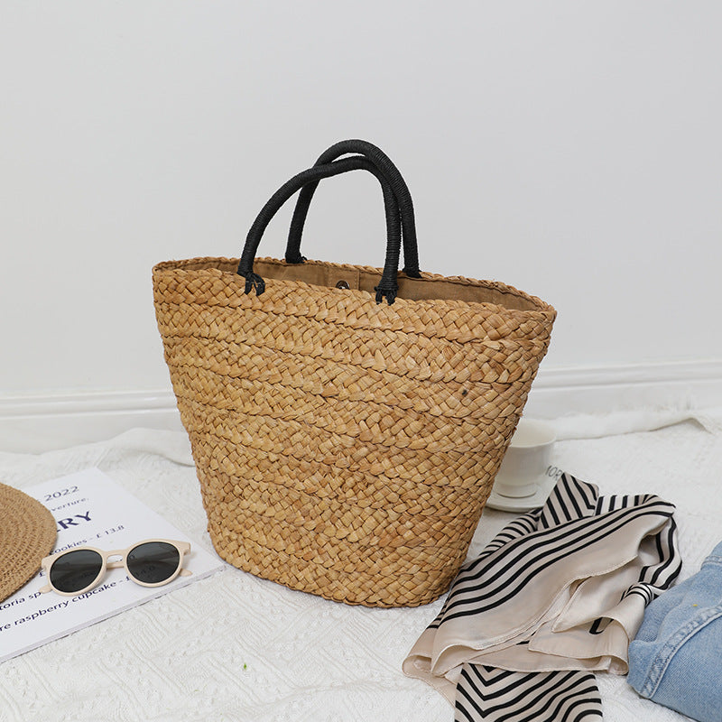 Grand sac de paille Grande capacité Sac de plage pour femmes en herbe naturelle tissée à la main simple et portable