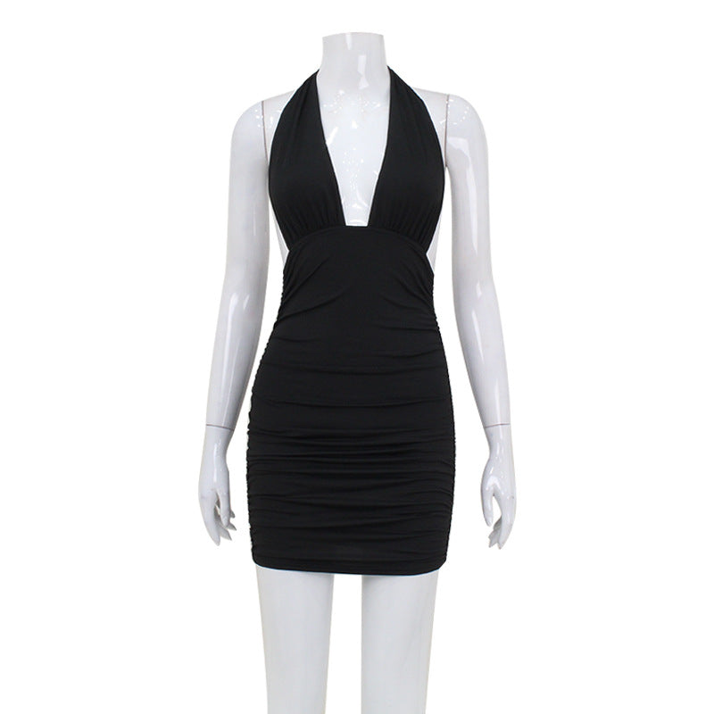 Damen Sexy V-Ausschnitt Neckholder Rückenfreies Kleid Elegant Rein Sexy Hüfte