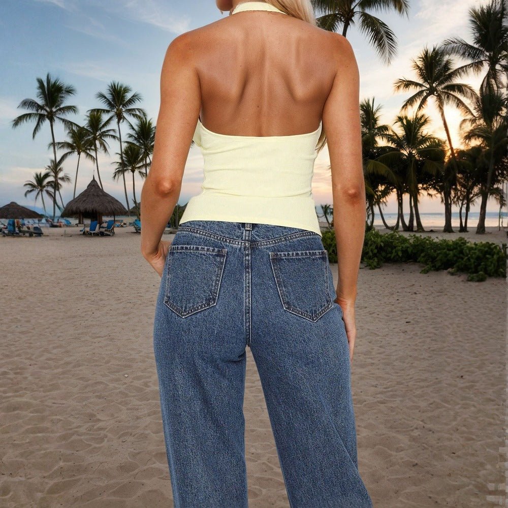 Sexy Neckholder-Top Gelb Spitze Sommer Strand Eng Anliegend Kurze Weste Damen Oberbekleidung