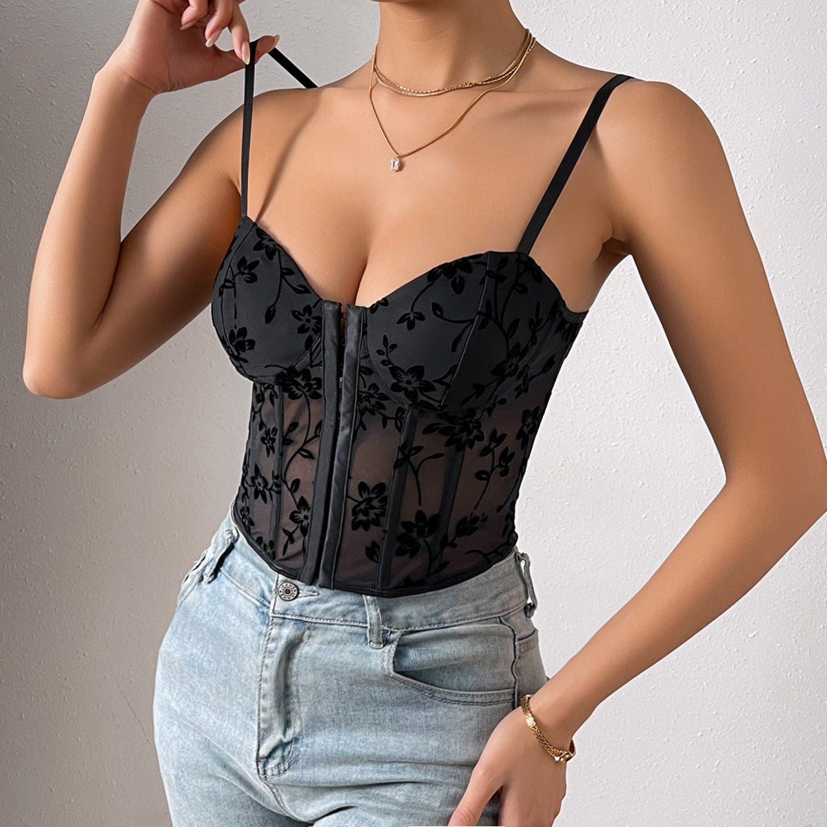 Damen Sexy tief ausgeschnittenes, durchsichtiges Sling-Stitching-Mesh-Boning-Korsett, kurze Top Damen