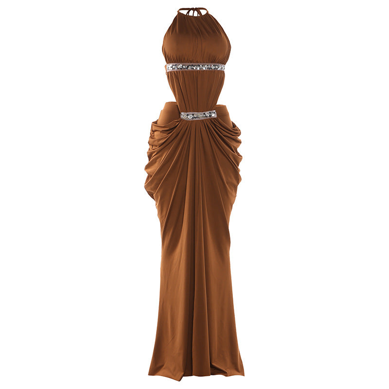 Robe sexy printanière pour femme, fendue sur le devant, à fines bretelles, dos nu, licou, avec surpiqûres de paillettes.