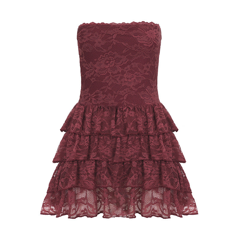 Sexy Leder BH-Träger Spitze Naht Puffärmel Stufenkleid Sommer Set
