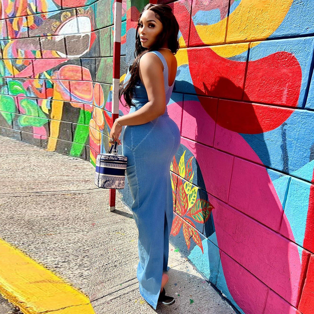 Jeans Damenbekleidung Frühling Sommer Sexy rückenfreies Kleid mit Reißverschluss, hochelastischer Schlitz, für Damen