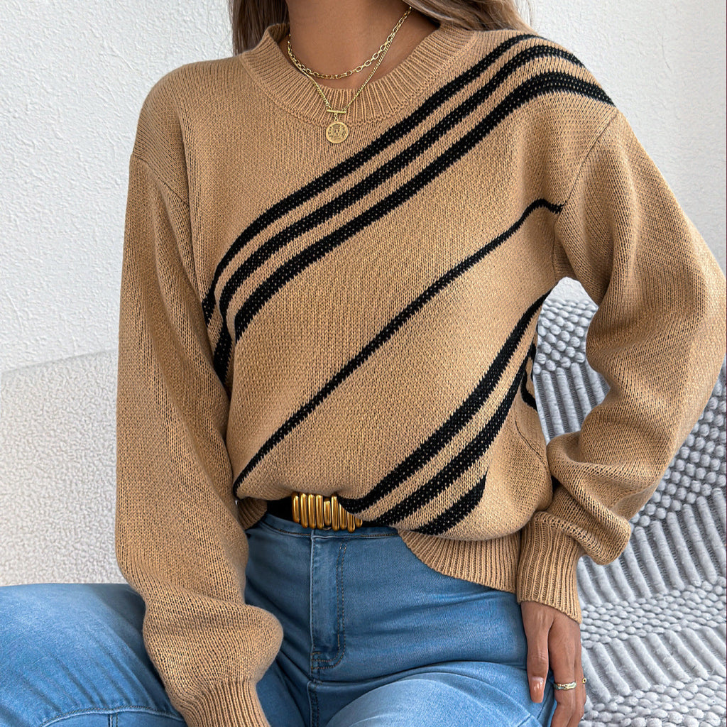 Vêtements pour femmes Automne Hiver Décontracté Rayé Col rond Manches longues Lanterne Pull