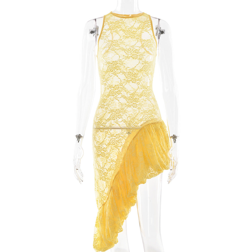 Robe longue asymétrique femme sans manches col rond en dentelle transparente sexy d'été