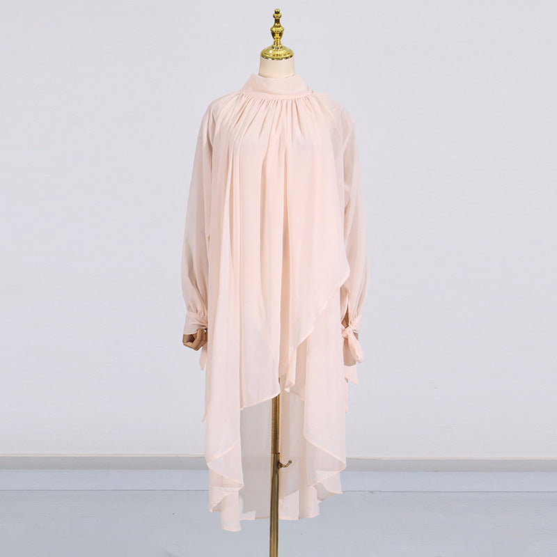 Simple Haut Femmes Automne Confort Décontracté Bureau Col Roulé Manches Longues Plissé Couleur Unie Chemise