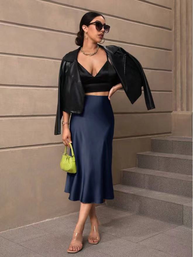 Eng anliegender Fishtail-Rock aus Satin, mittellanger Rock, Herbstkleidung für Damen, Direktversand