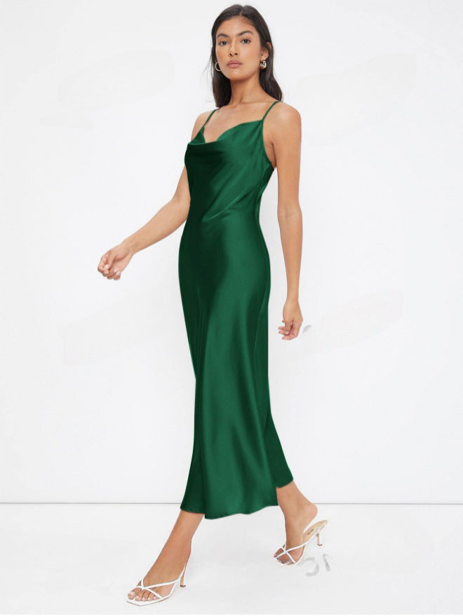 Damenbekleidung Frühling Sommer Satin Spaghettiträger Tiefer V-Ausschnitt Schmal geschnittenes Kleid in Unifarben