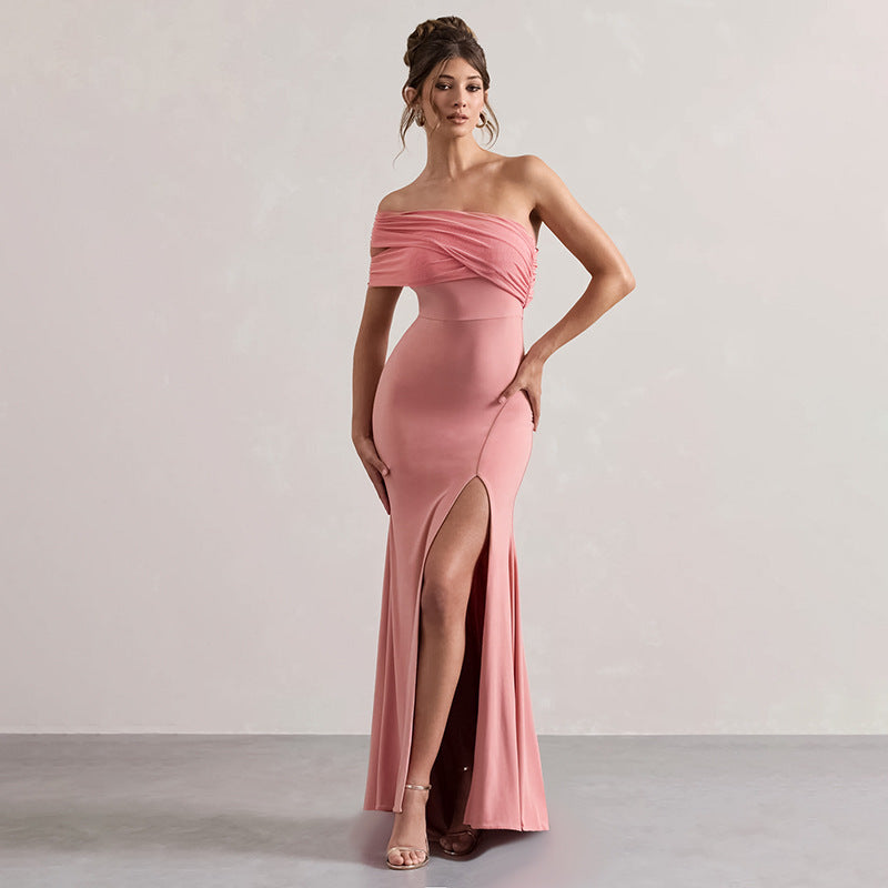 Herbst Socialite Sexy Mesh-Naht schulterfreies Kleid Damen mit Schlitz