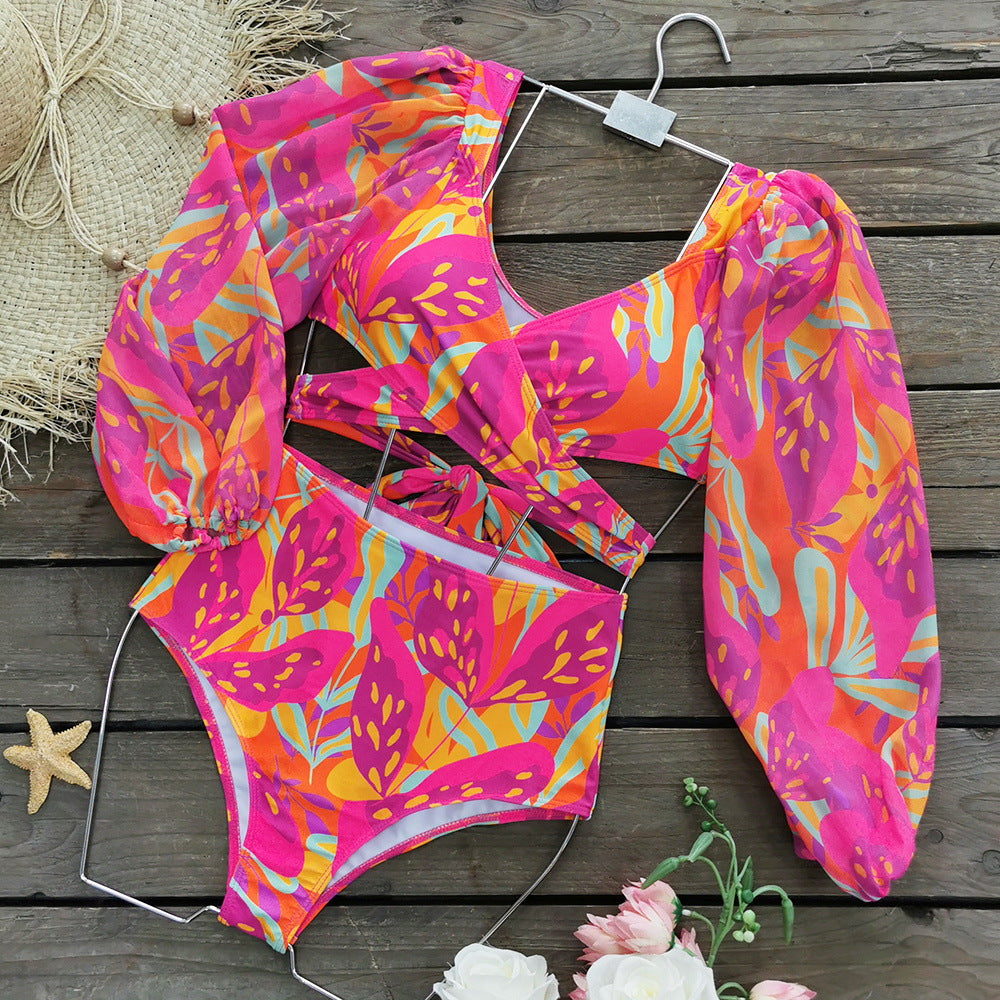 Maillot de bain femme taille haute fendu manches longues sexy dos nu bretelles croisées décolleté plongeant bikini
