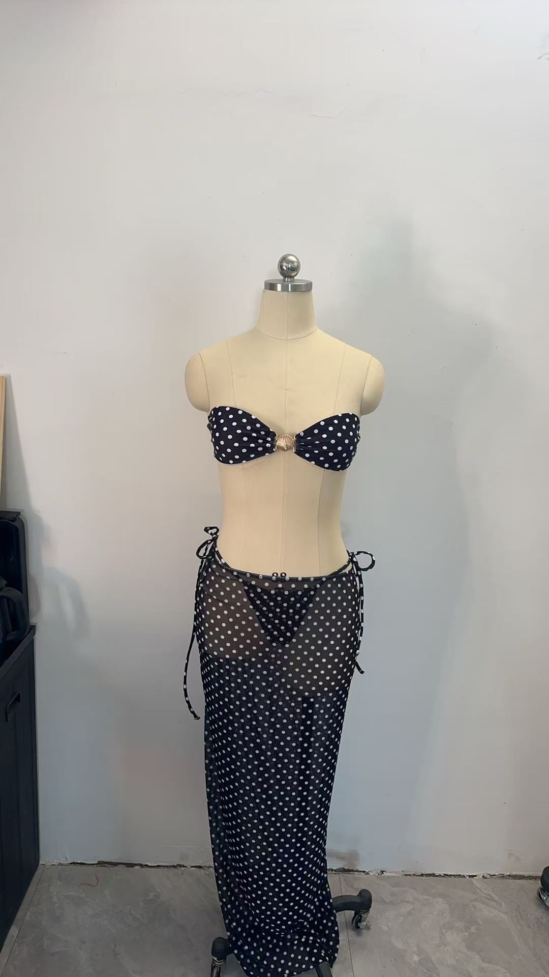 Haut de bikini bandeau pigeonnant sexy, robe longue à pois, maillot de bain bikini trois pièces pour femme