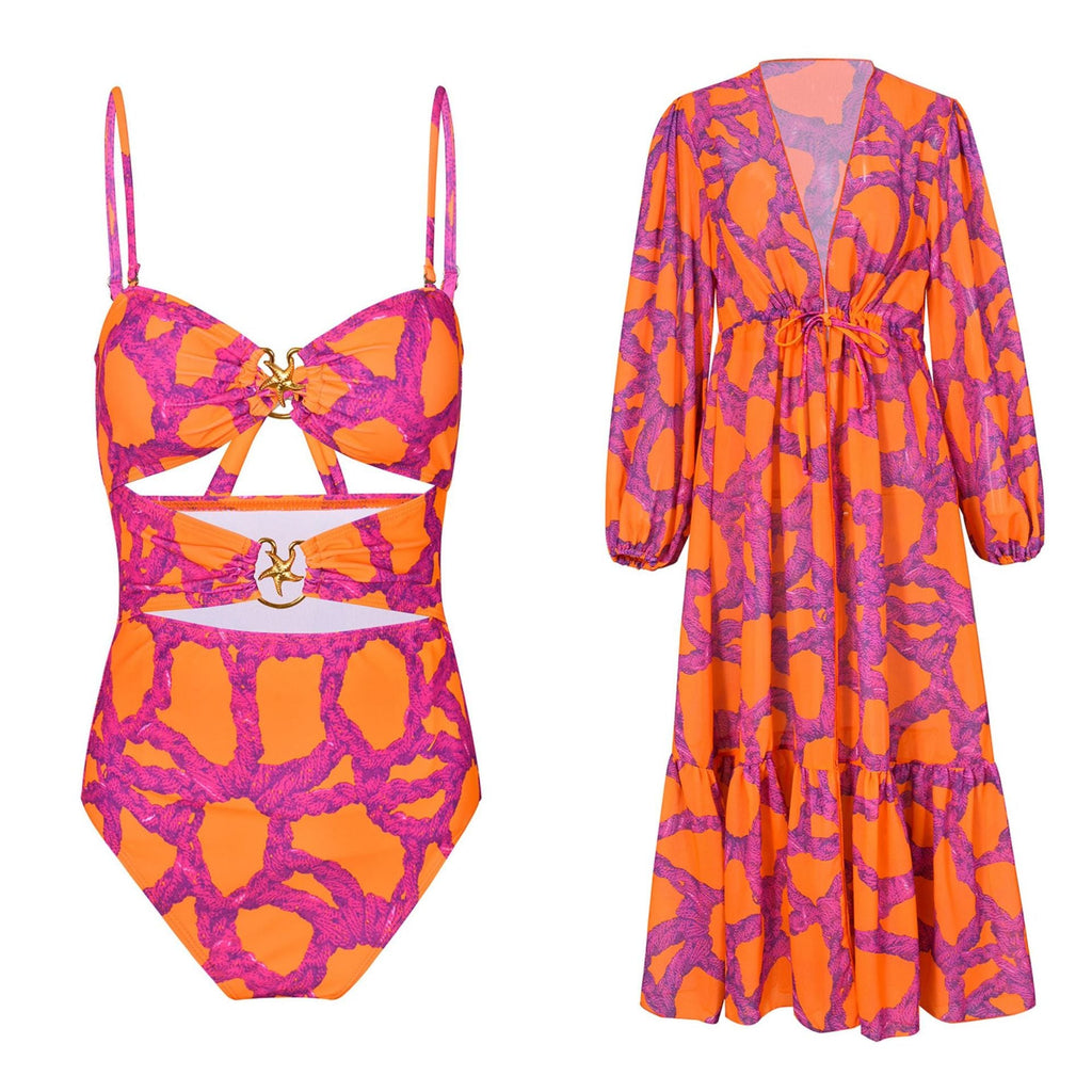 Maillot de bain une pièce ajouré avec découpes, bretelles, chemisier deux pièces imprimé pour femme