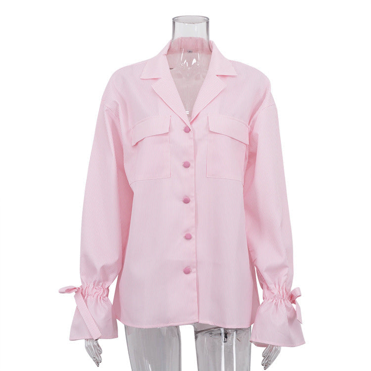 Chemisier français rayé à la mode pour femmes, printemps automne, imprimé, col, manches cloche, coupe ample, poches