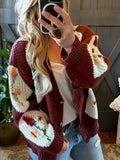 Manteau en tricot décontracté pour femme, automne/hiver, avec motif jacquard floral et couleurs contrastées, simple boutonnage