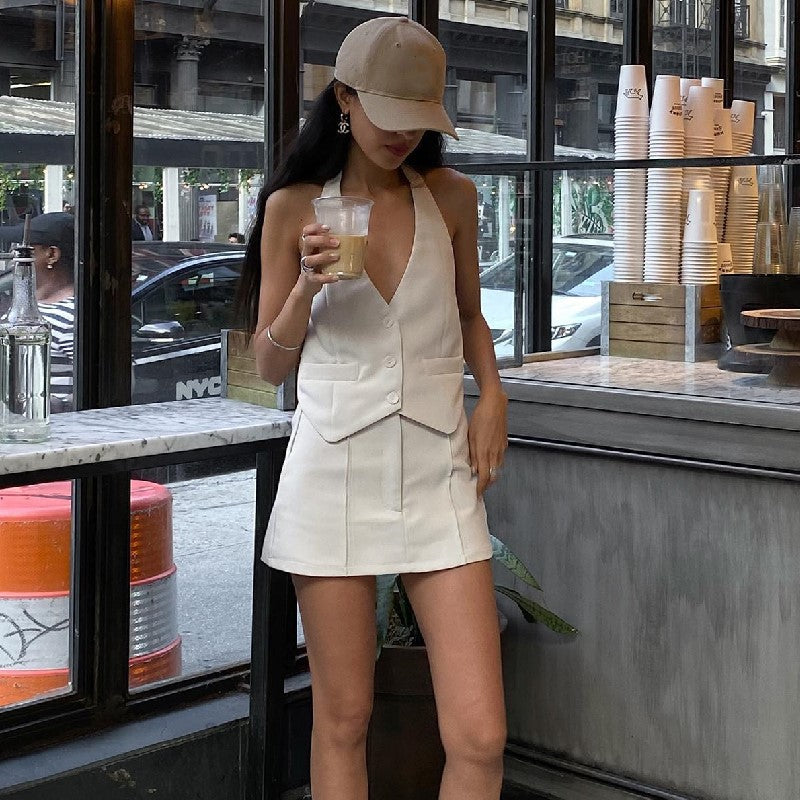 Ensemble jupe trapèze et gilet licou, petit costume d'été sexy en faux-cuir pour femme