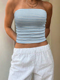 77Sexy Blau Weiß Gestreiftes Tube Top Ärmelloses Cold Shoulder Enges Kurzes Urlaubswesten-Top für Damen