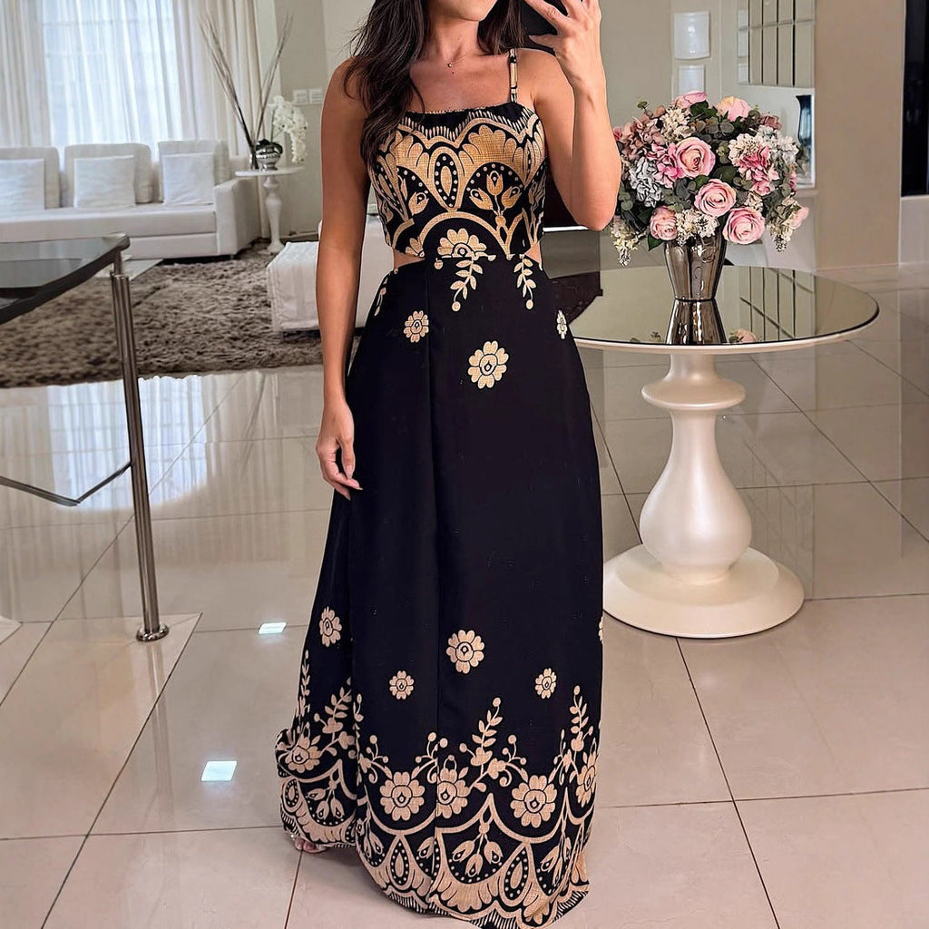 Damen Elegantes, anmutiges Spaghettiträger-Kleid mit Vintage-Muster