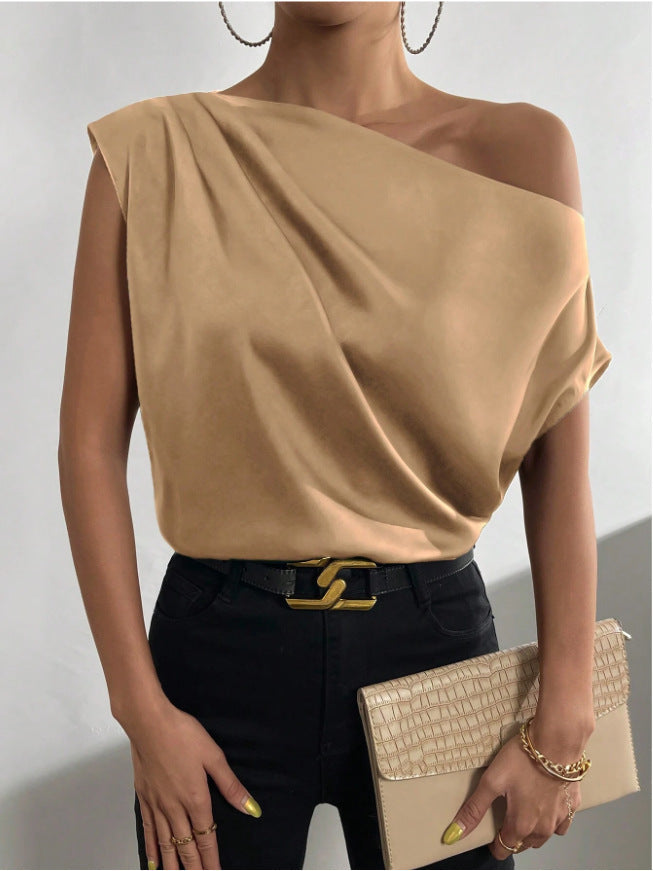 Frühling Einfarbig Satin Kunstseide Irregulär Asymmetrisch Schulterfrei Pullover Ärmelloses Hemd Damen Kleidung