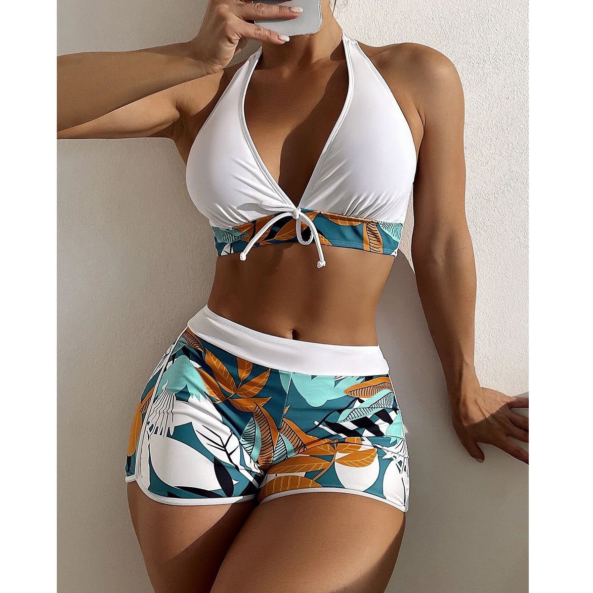 Badeanzug Damen Split High Waist Boxer Spitze Druckfarben Naht Badeanzug