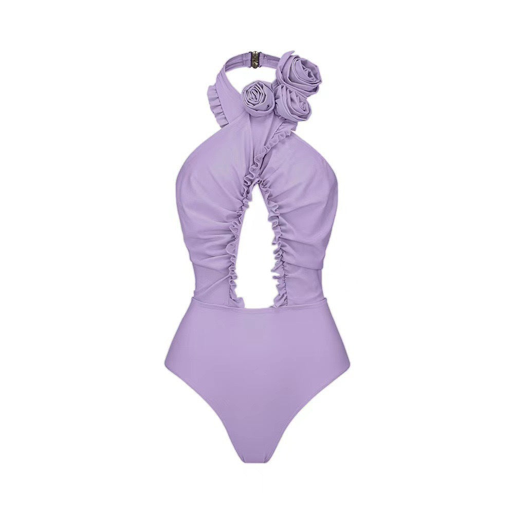 Lonkey Französischer Zweiteiler-Damen-Badeanzug, einfarbig, mit Rüschen, gekreuzt, Cut-Out, Damen-Badeanzug