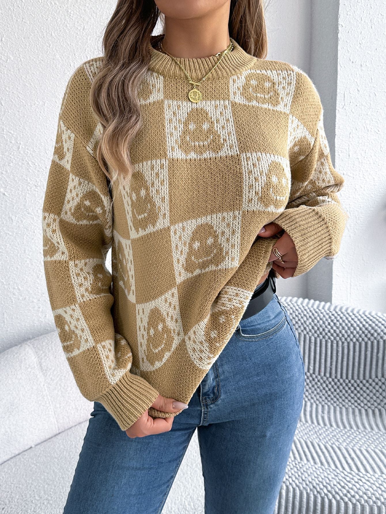 Herbst Winter Halloween Karierter Laternen-Langarm-Pullover Damenbekleidung
