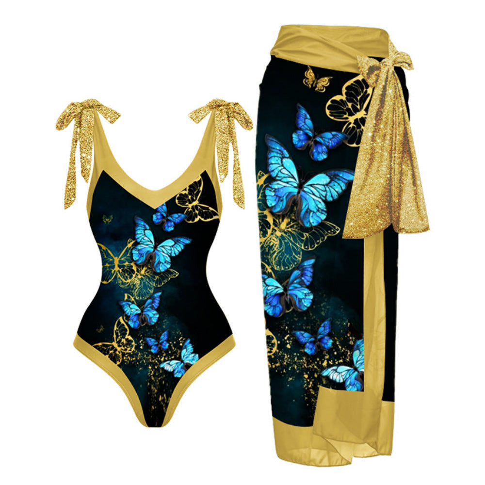 Maillot de bain deux pièces pour femme avec jupe en gaze imprimée multicolore, anti-transparence, protection solaire