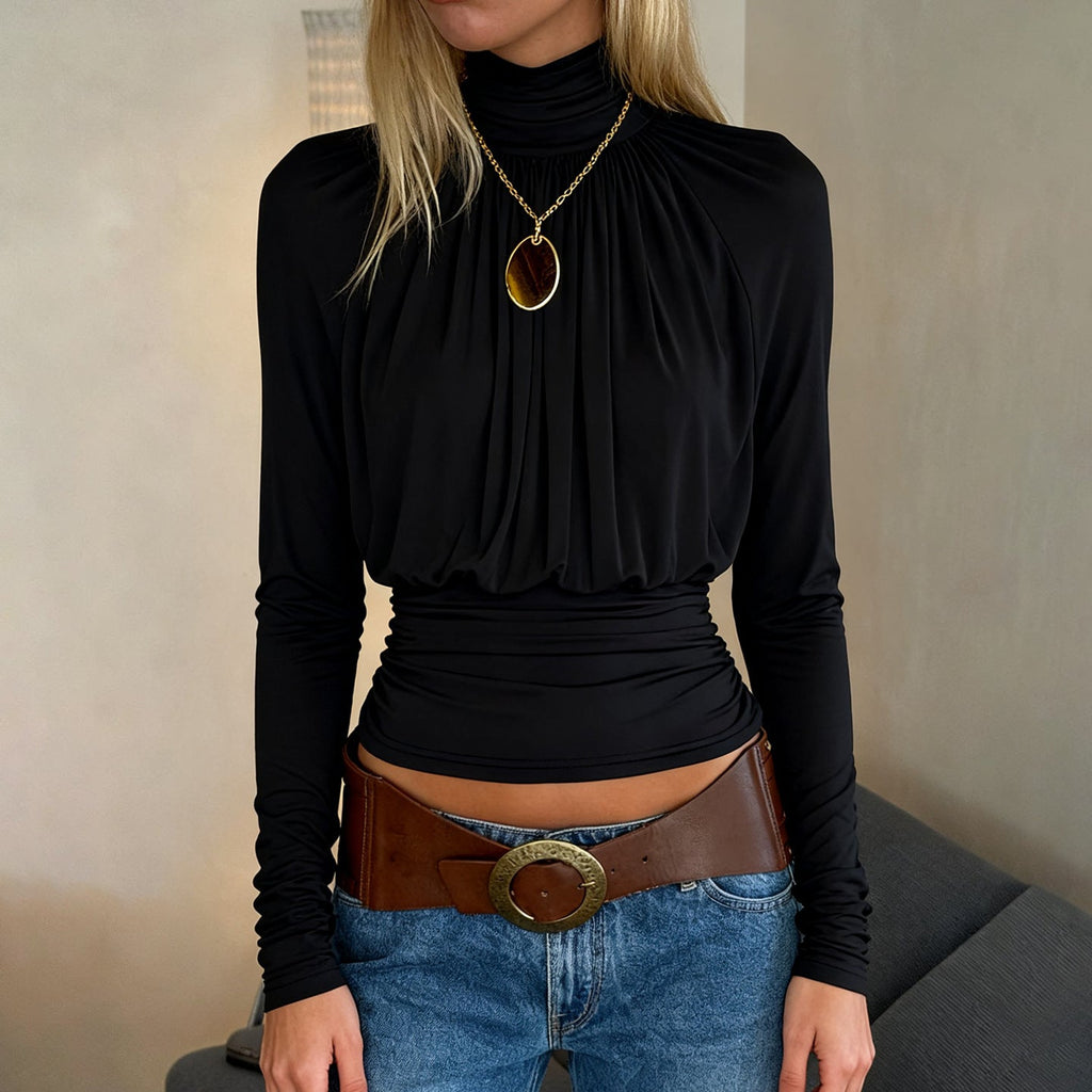 Dunkles, sexy schwarzes Langarm-Oberteil mit hohem Kragen, lässig, kurz, taillenbetont, schlankmachendes Langarm-T-Shirt für Damen, Herbst