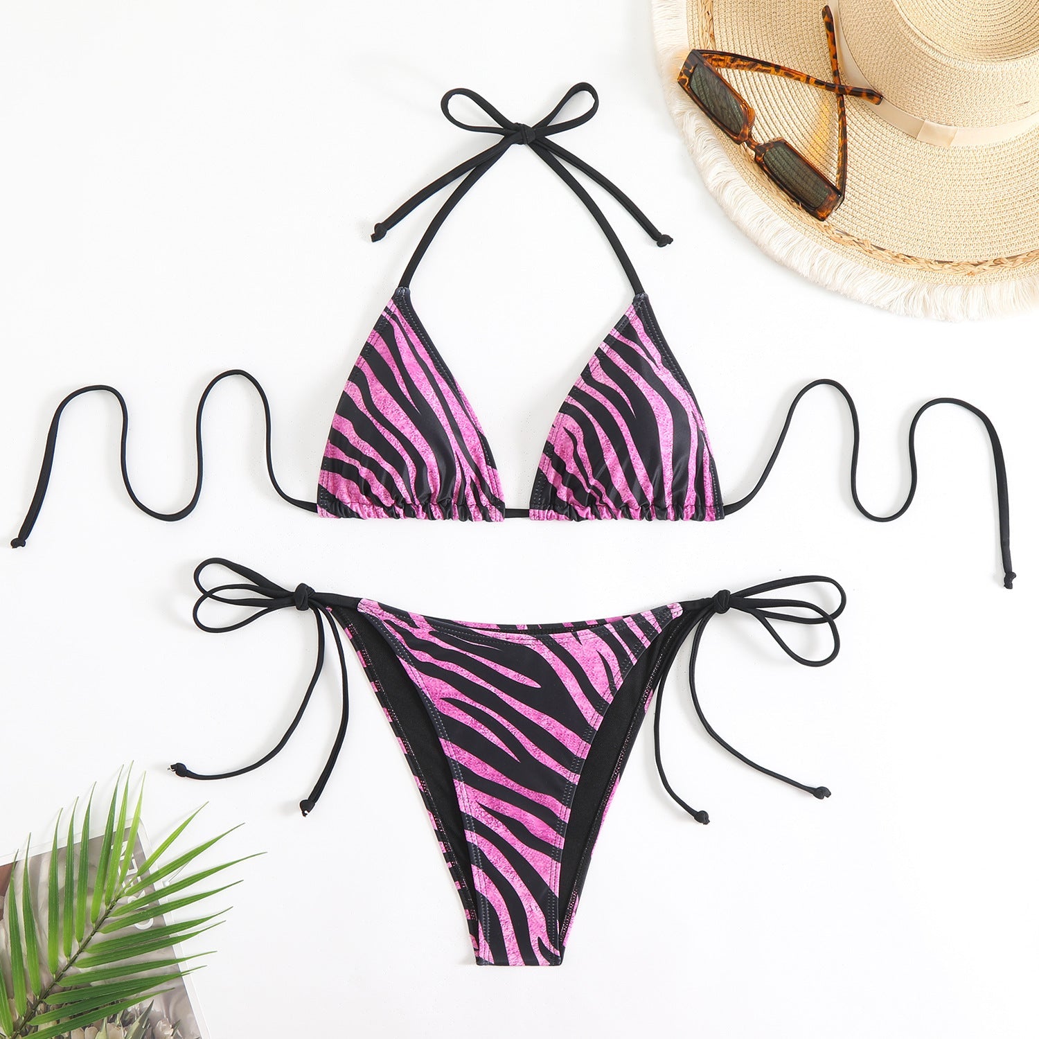 Bikini zébré sexy dos nu, maillot de bain lacé, deux pièces pour femme