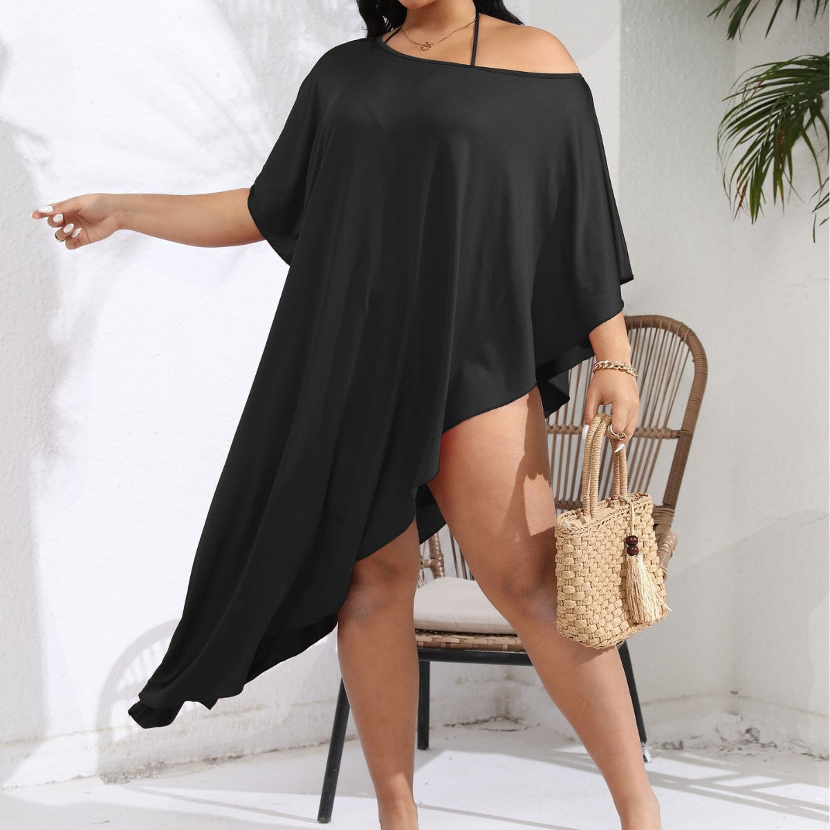 Damen Urlaub Strand Bluse Übergröße Damen Kleidung Off-Shoulder Bikini Unregelmäßiges Asymmetrisches Kleid