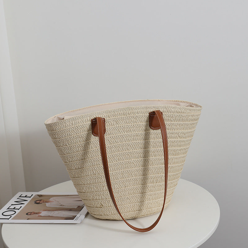 Sac à bandoulière en paille simple grande capacité, sac en paille tissé, sac fourre-tout, sac de plage pour femme pour les vacances à la mer