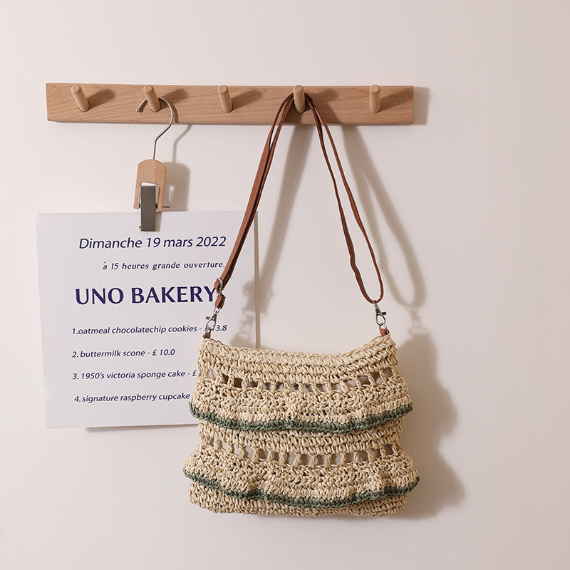 Sac en paille en dentelle à bandoulière Volants Été Couleur Sac en paille Sac tissé Vacances à la mer Plage
