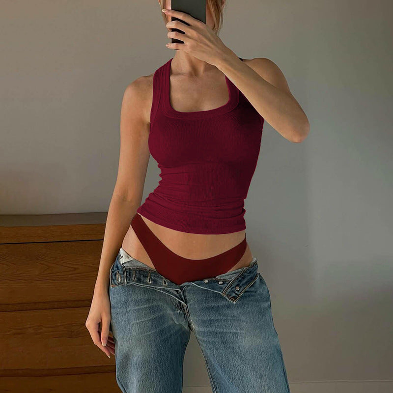 Damenbekleidung Sommer Sexy U-Ausschnitt Einfarbig Schmal Geschnitten I-Form Kurzes Top für Damen