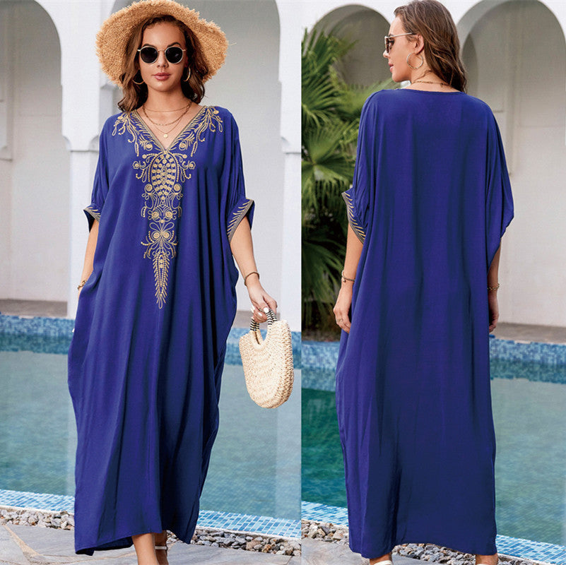 Cache-maillot de plage brodé en rayonne bleu marine, peignoir brodé, chemise ample de protection solaire, cache-maillot de plage