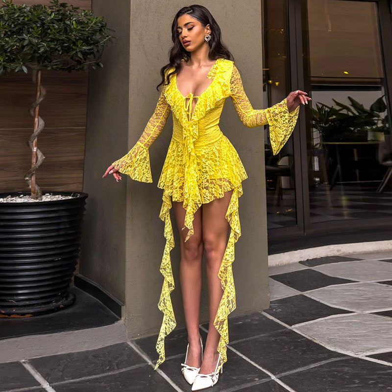 Women Clothing Lace Lotus Leaf Streamer Long Sleeve with Safety Pants Short Dress