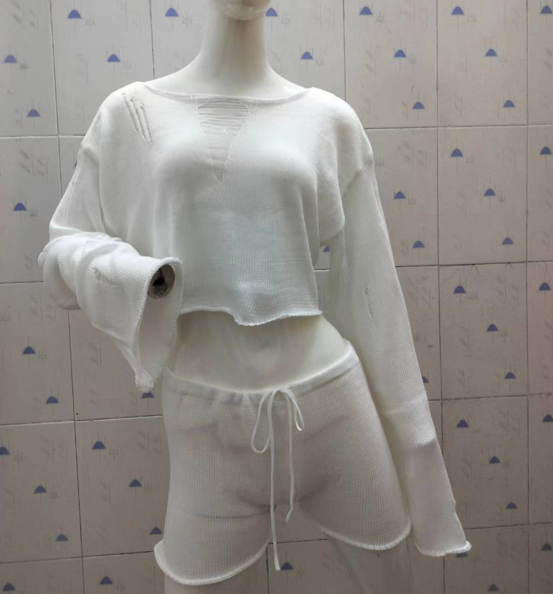 Ensemble deux pièces en tricot pour femme, printemps-été, pour les vacances à la mer, protection solaire, top court et short sexy.