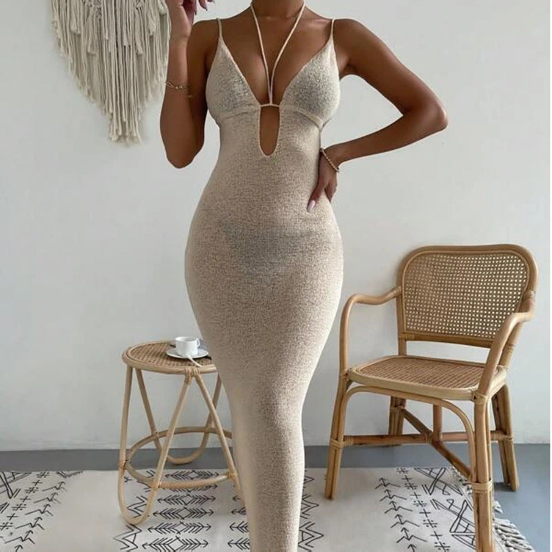 Vêtements pour femmes Robe sexy ajourée avec lacets, dos nu, fines bretelles, coutures, robe longue femme
