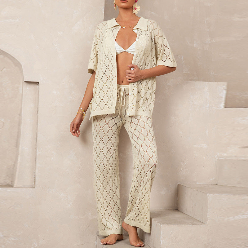 Strand Kurzarm Hemd Hose Aushöhlung Ausschnitt Durchsichtig Lässige Strick Urlaub Elegante Sonnenschutz Bluse Zweiteilige Sets