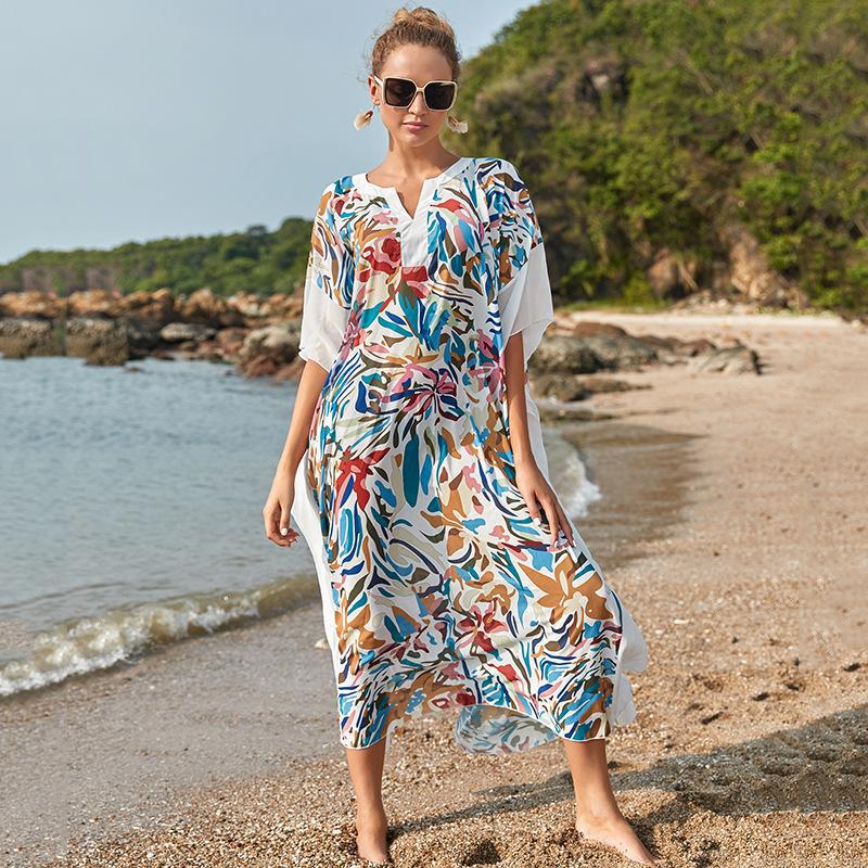 Robe longue ample froncée de couleur unie avec bordure, vêtement de protection solaire de plage, chemisier cache-maillot de bain bikini
