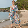 Robe longue ample froncée de couleur unie avec bordure, vêtement de protection solaire de plage, chemisier cache-maillot de bain bikini