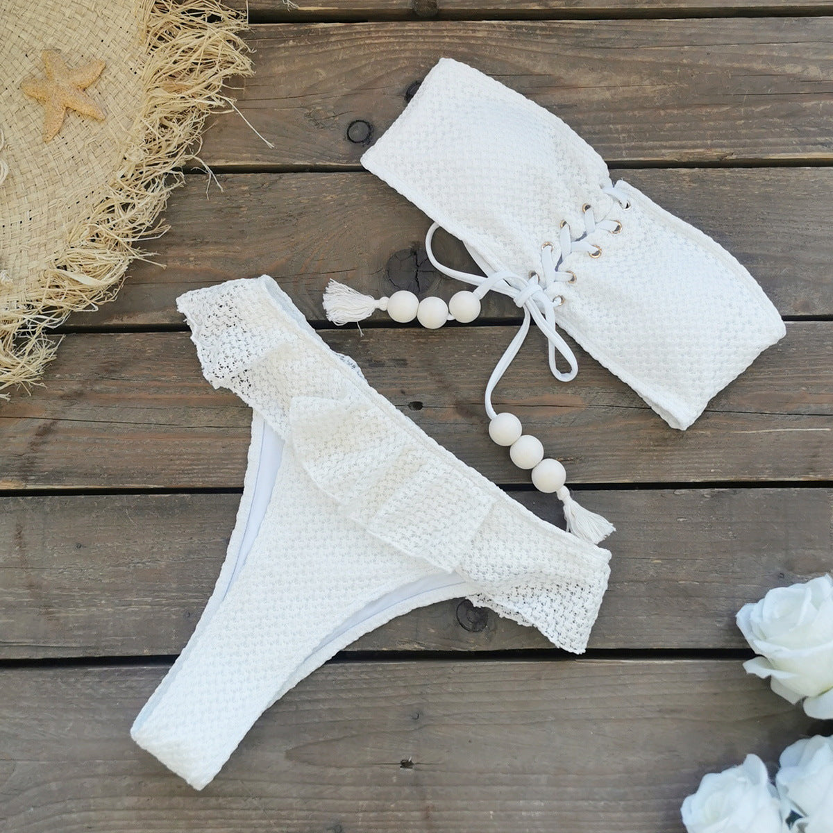 Damen Tube-Top High Waist mit Trägern Split-Badeanzug Rüschen Einfarbig Faden Bikini